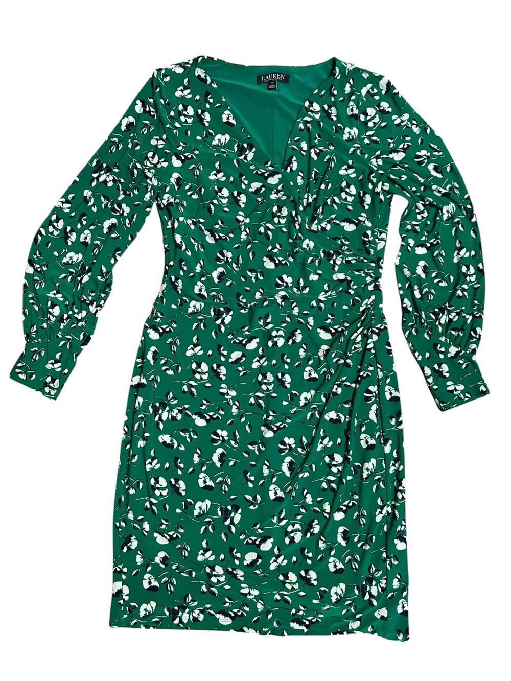 Lauren Ralph Lauren Womens 10 Wrap Dress Green Floral Ruched on one side lined